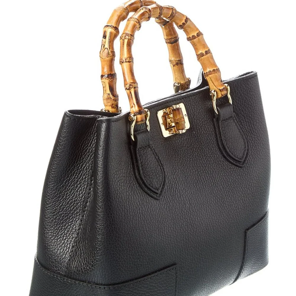 Persaman New York Sienna16 Bamboo Black Leather Tote Bag - Picture 2 of 4